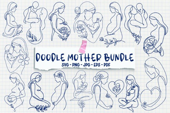 15 Motherhood Doodle Line Art Set for Crafts and Graphics